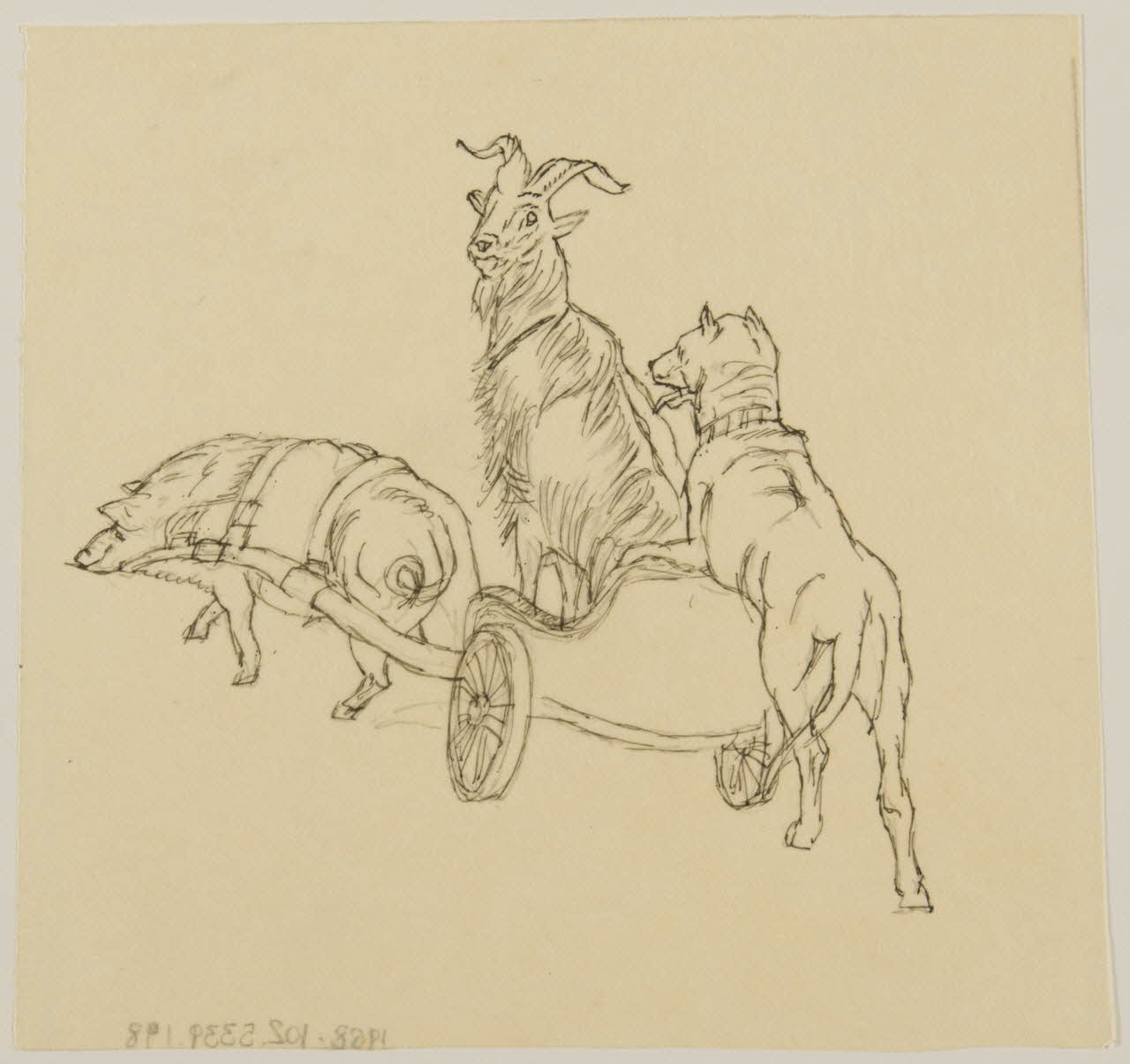 partie d'un ensemble de dessins Sanglier tirant un char, un bouquetin assis à l'intérieur, poussé par un chien 1968.102.5339.198 Photo