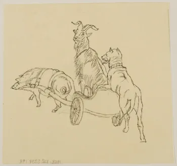 partie d'un ensemble de dessins Sanglier tirant un char, un bouquetin assis à l'intérieur, poussé par un chien 1968.102.5339.198 Photo