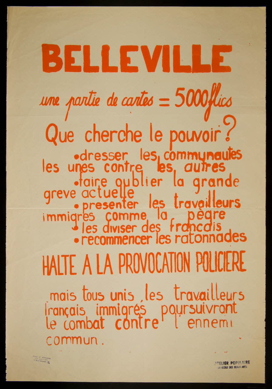 Atelier populaire de l'École nationale supérieure des beaux arts. Paris affiche BELLEVILLE Paris 1968 1968.48.59 Photo