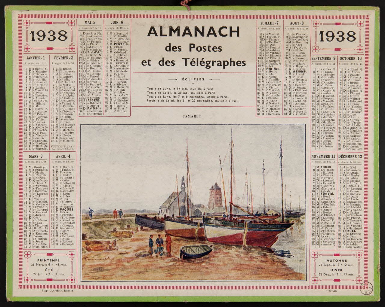 Oberthür et fils estampe ALMANACH  des Postes  et des Télégraphes  1938 Bretagne, France 1938 1972.110.616 Photo