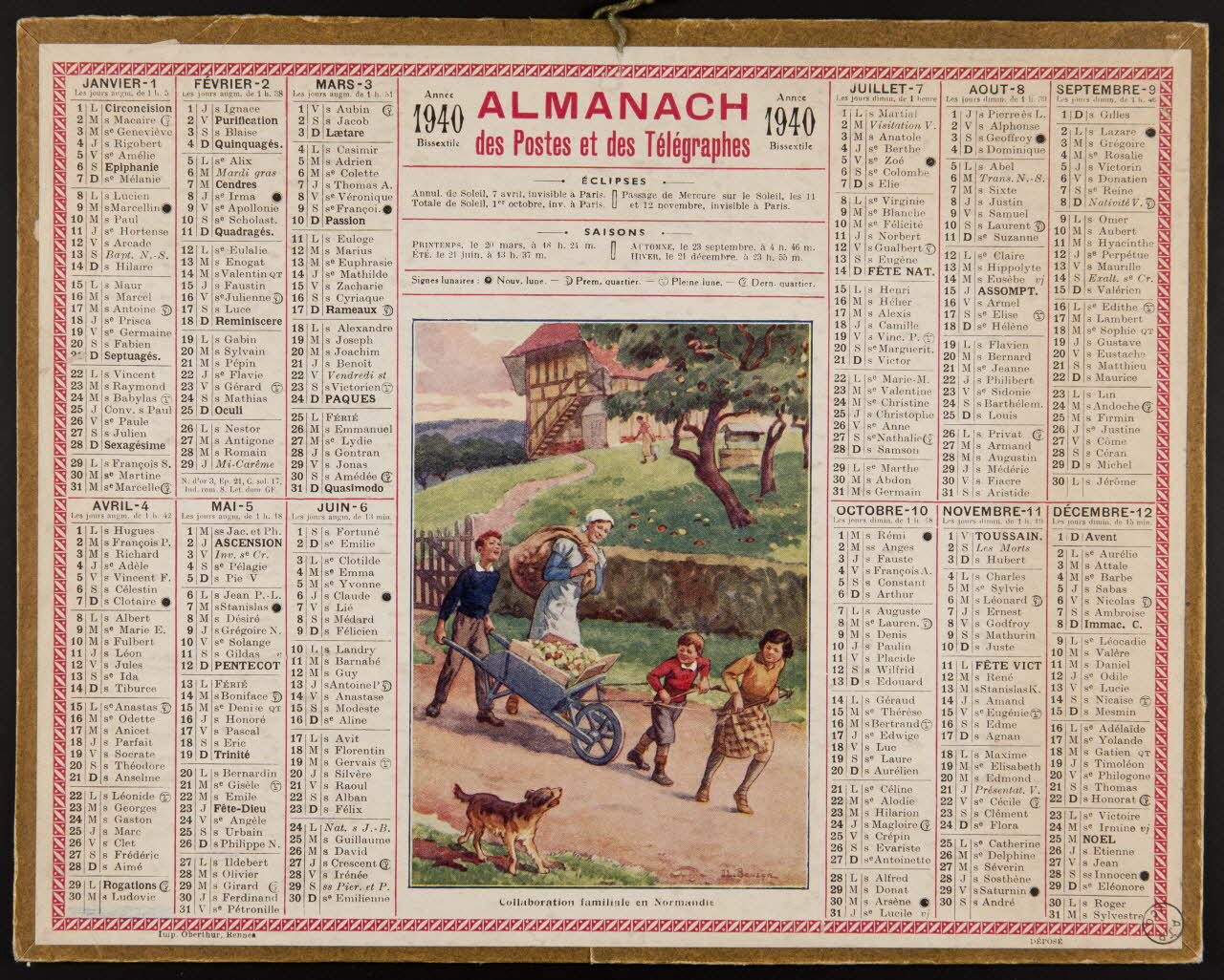 Oberthür et fils estampe ALMANACH  des Postes et des Télégraphes  1940  Année  Bissextile Bretagne, France 1940 1972.110.618 Photo