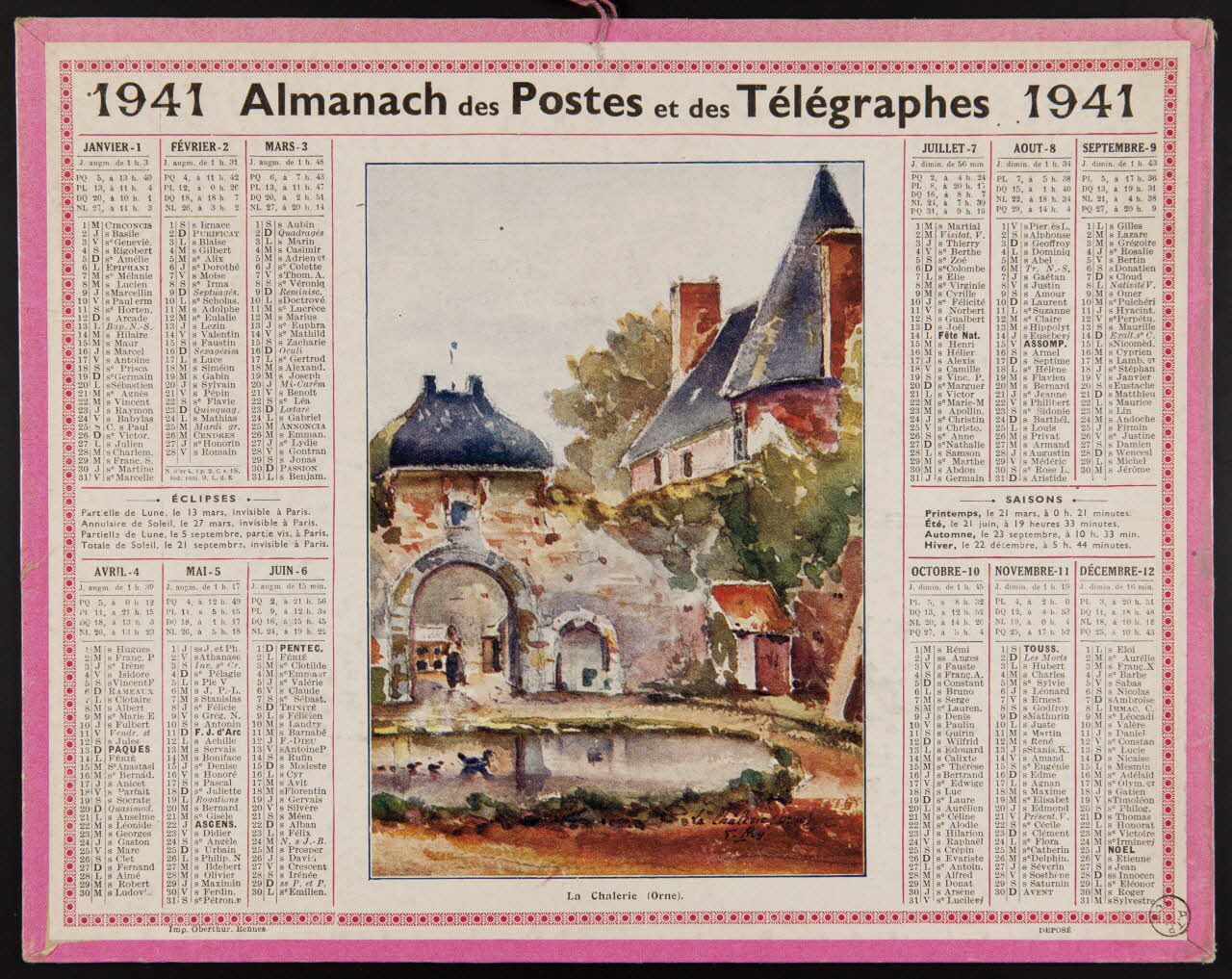 Oberthür et fils estampe 1941  Almanach des Postes et des Télégraphes Bretagne, France 1941 1972.110.620 Photo