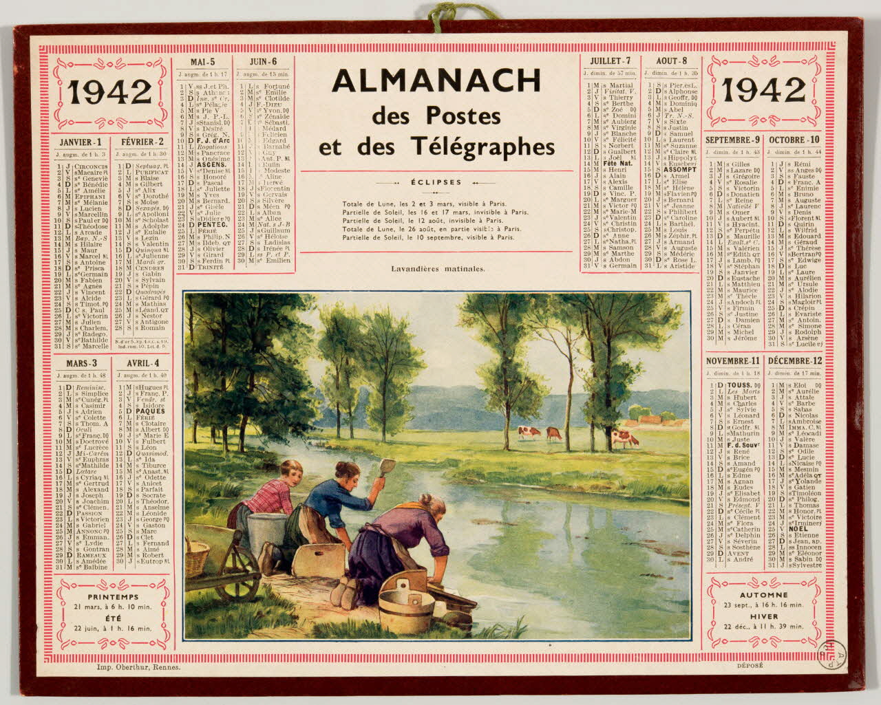 Oberthür et fils estampe 1942 ALMANACH  des Postes  et des Télégraphes Bretagne, France 1942 1972.110.621 Photo