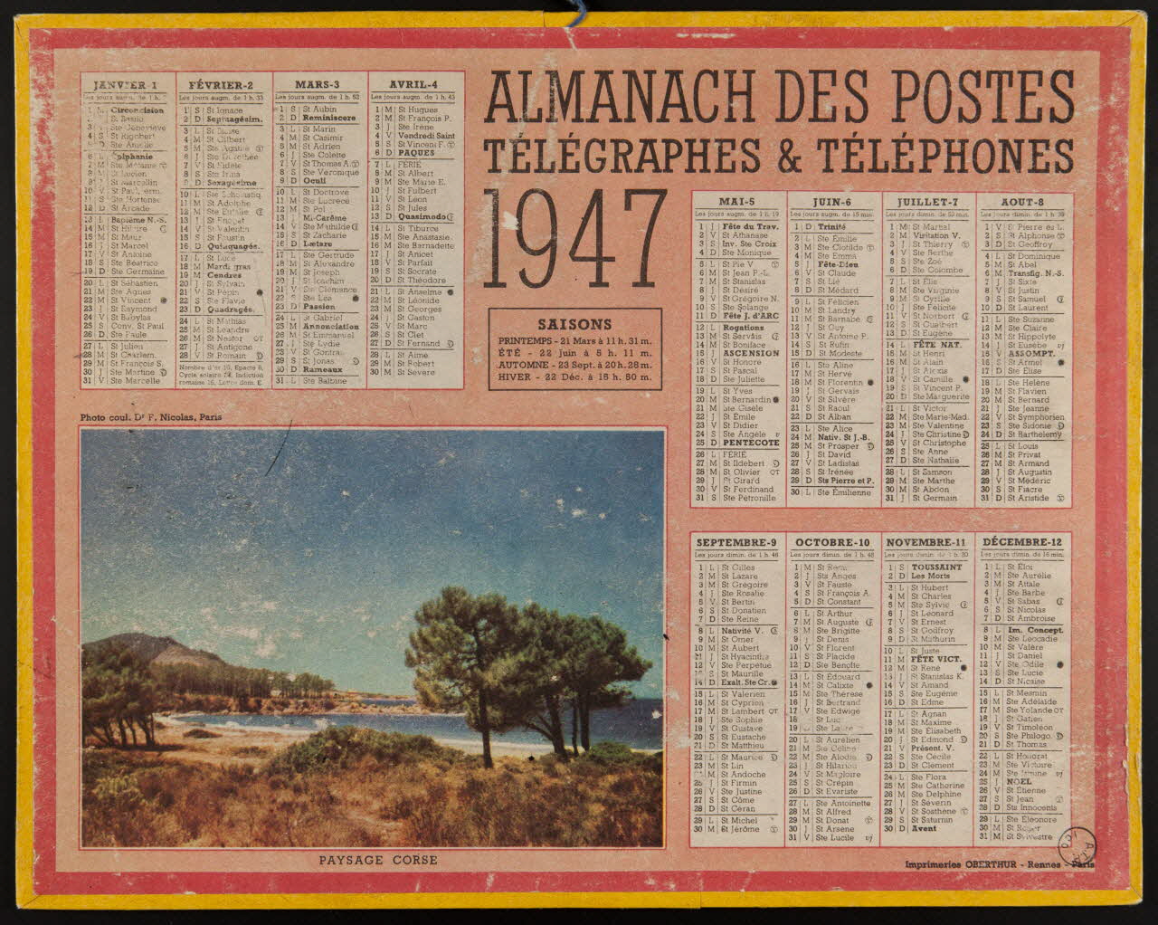Oberthür et fils estampe ALMANACH DES POSTES  TELEGRAPHES & TELEPHONES  1947 France 1947 1972.110.626 Photo