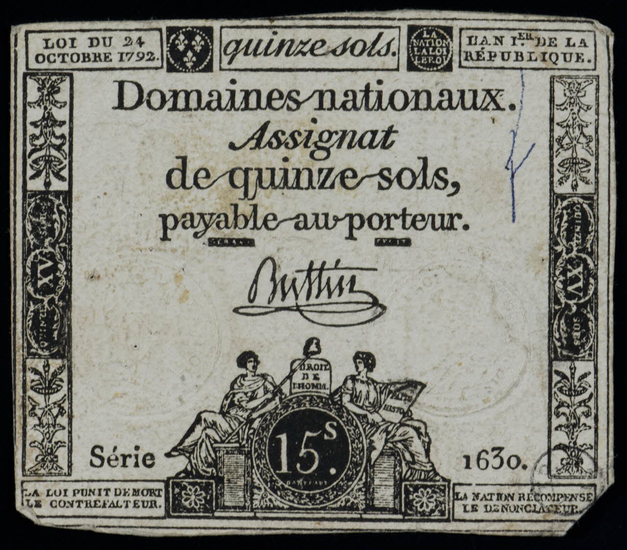 Gatteaux Nicolas Marie billet de banque Domaines nationaux  Assignat  de quinze sols,  payable au porteur. France 1792 1972.19.50 Photo