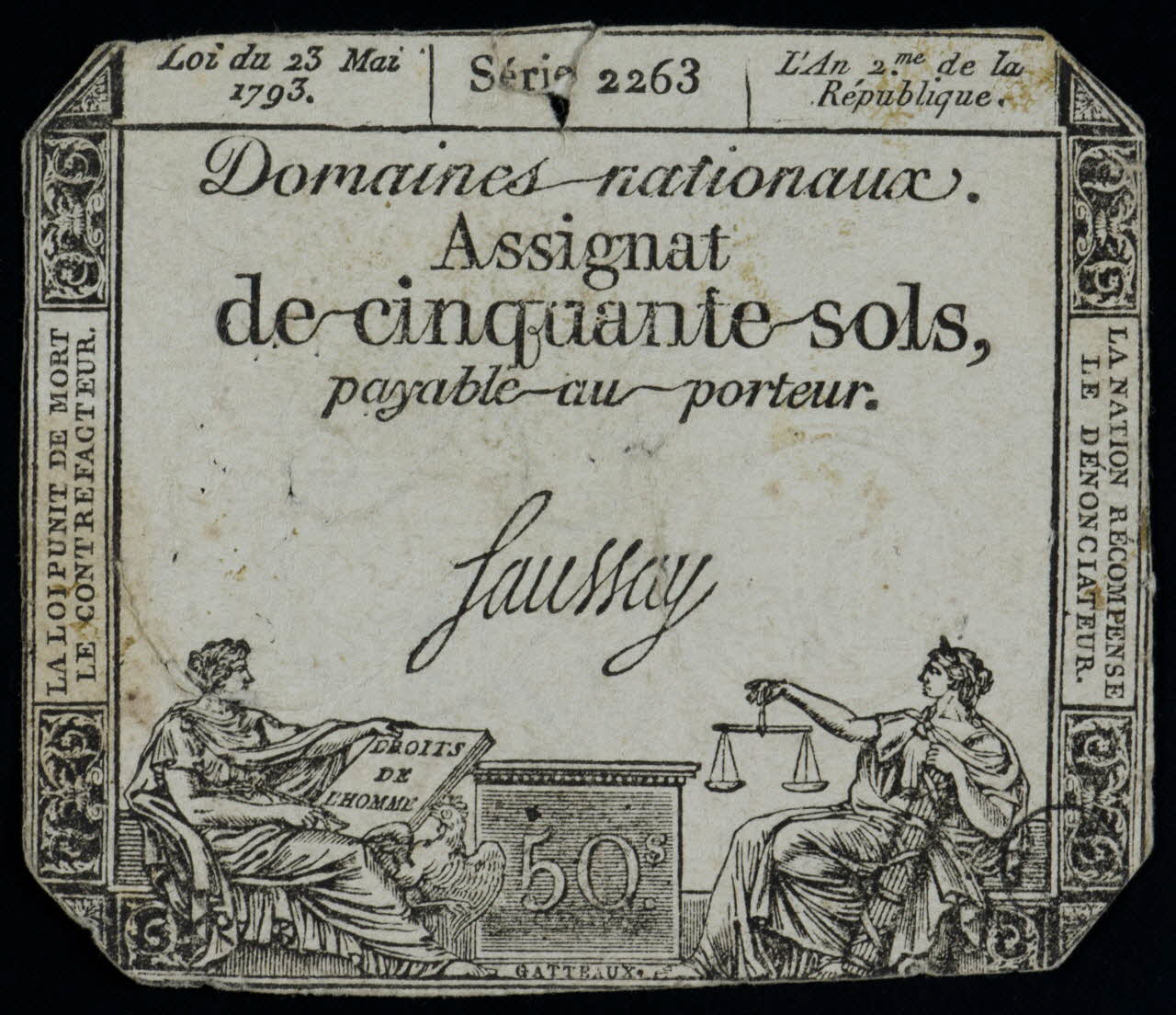 Gatteaux Nicolas Marie billet de banque Domaines nationaux.  Assignat  de cinquante sols,  payable au porteur. France 1793 1972.19.51 Photo
