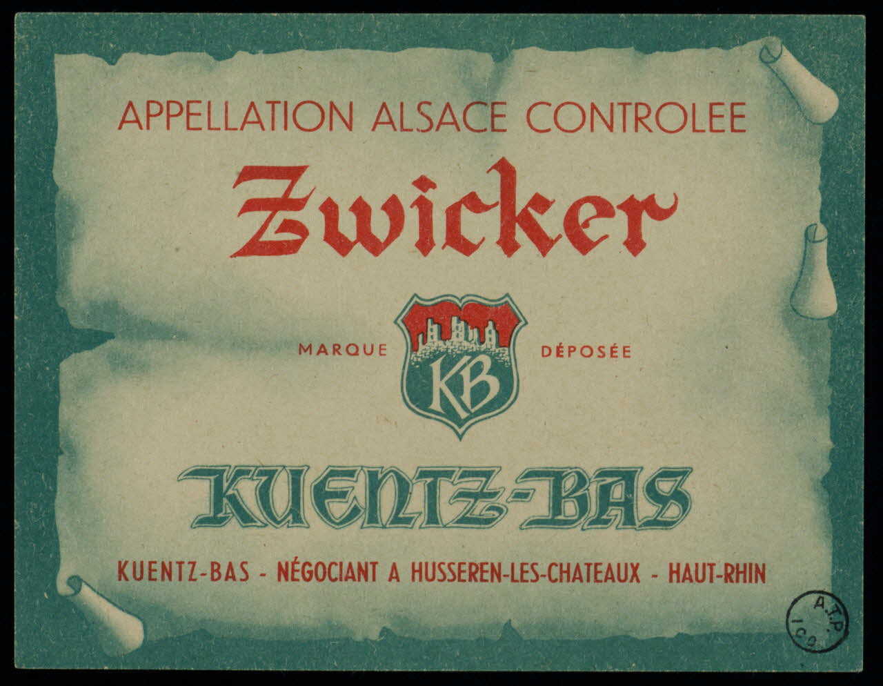 estampe APPELLATION ALSACE CONTROLEE  Zwicker 1972.58.4 Photo