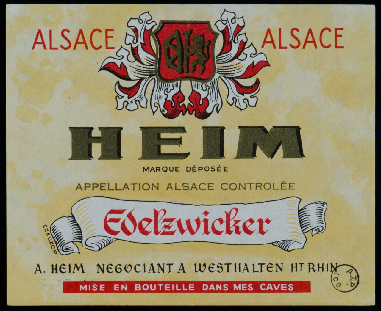 estampe ALSACE  HEIM  MARQUE DEPOSEE  APPELLATION ALSACE CONTROLEE  Edelzwicker 1972.58.5 Photo