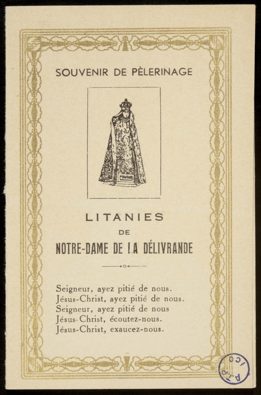 estampe SOUVENIR DE PELERINAGE  LITANIES  DE  NOTRE-DAME DE LA DELIVRANDE 1972.70.3 Photo