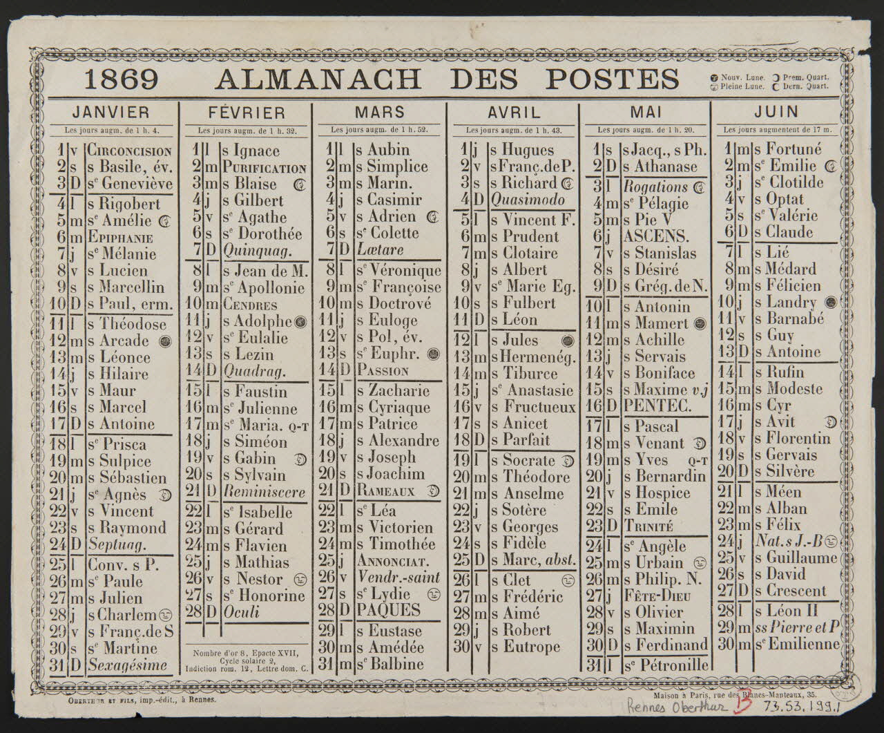 estampe 1869 ALMANACH DES POSTES 1973.53.199.1 Photo