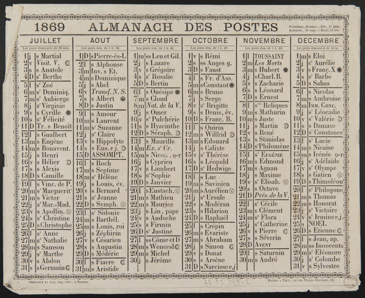 estampe 1869 ALMANACH DES POSTES 1973.53.199.2 Photo