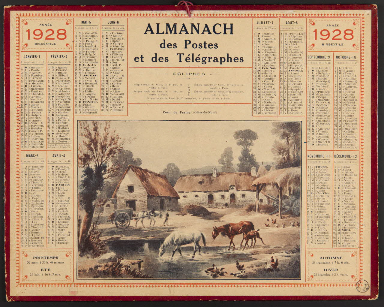 estampe ALMANACH  des Postes  et des Télégraphes  1928  ANNEE  BISSEXTILE 1976.31.12 Photo