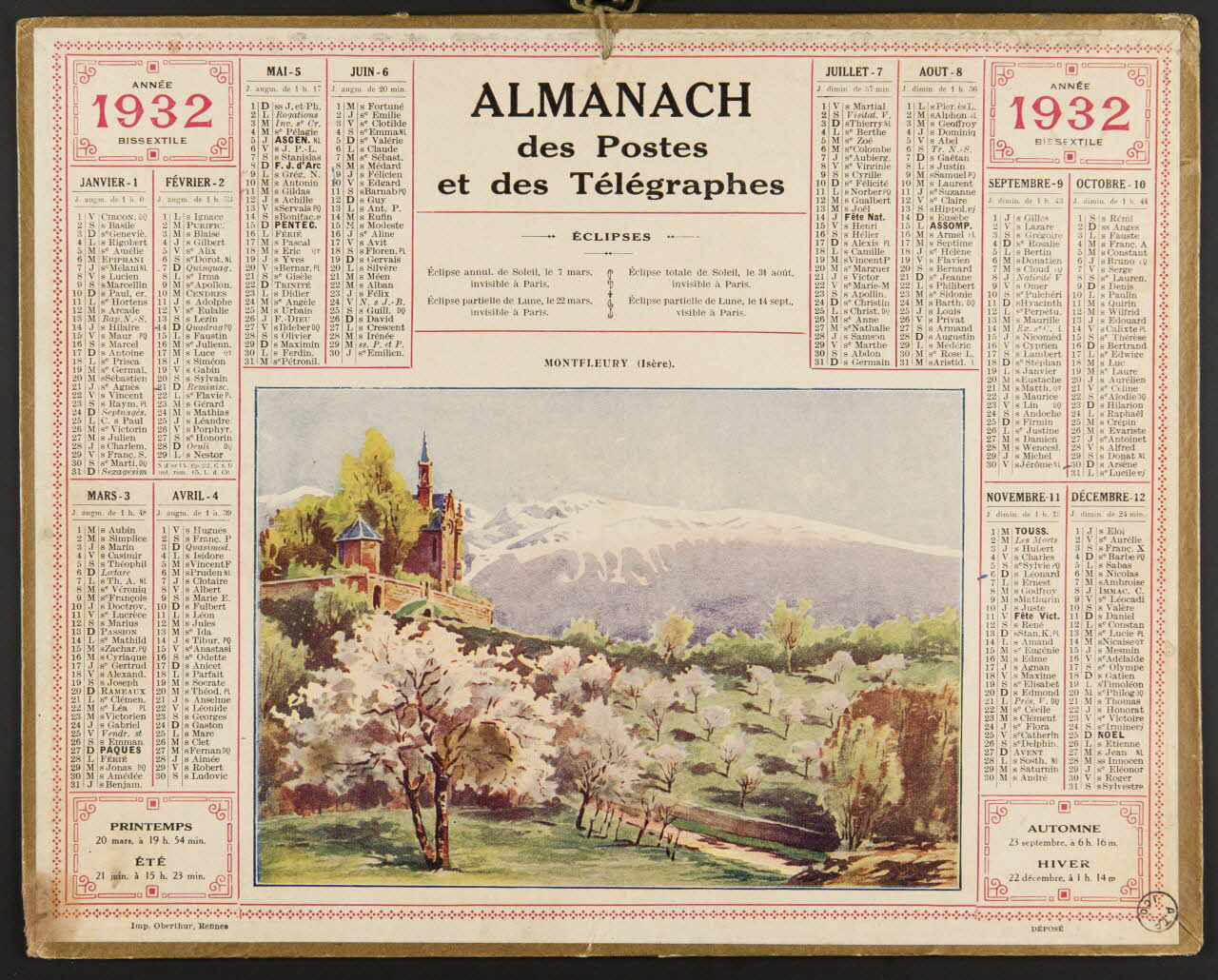 estampe ALMANACH  des Postes  et des Télégraphes  1932  ANNEE  BISSEXTILE 1976.31.16 Photo