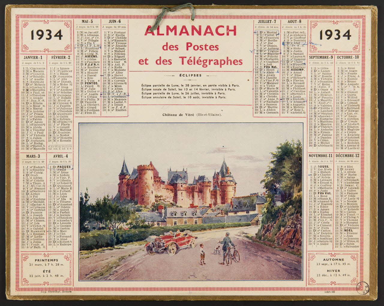 estampe ALMANACH  des Postes  et des Télégraphes  1934 1976.31.18 Photo