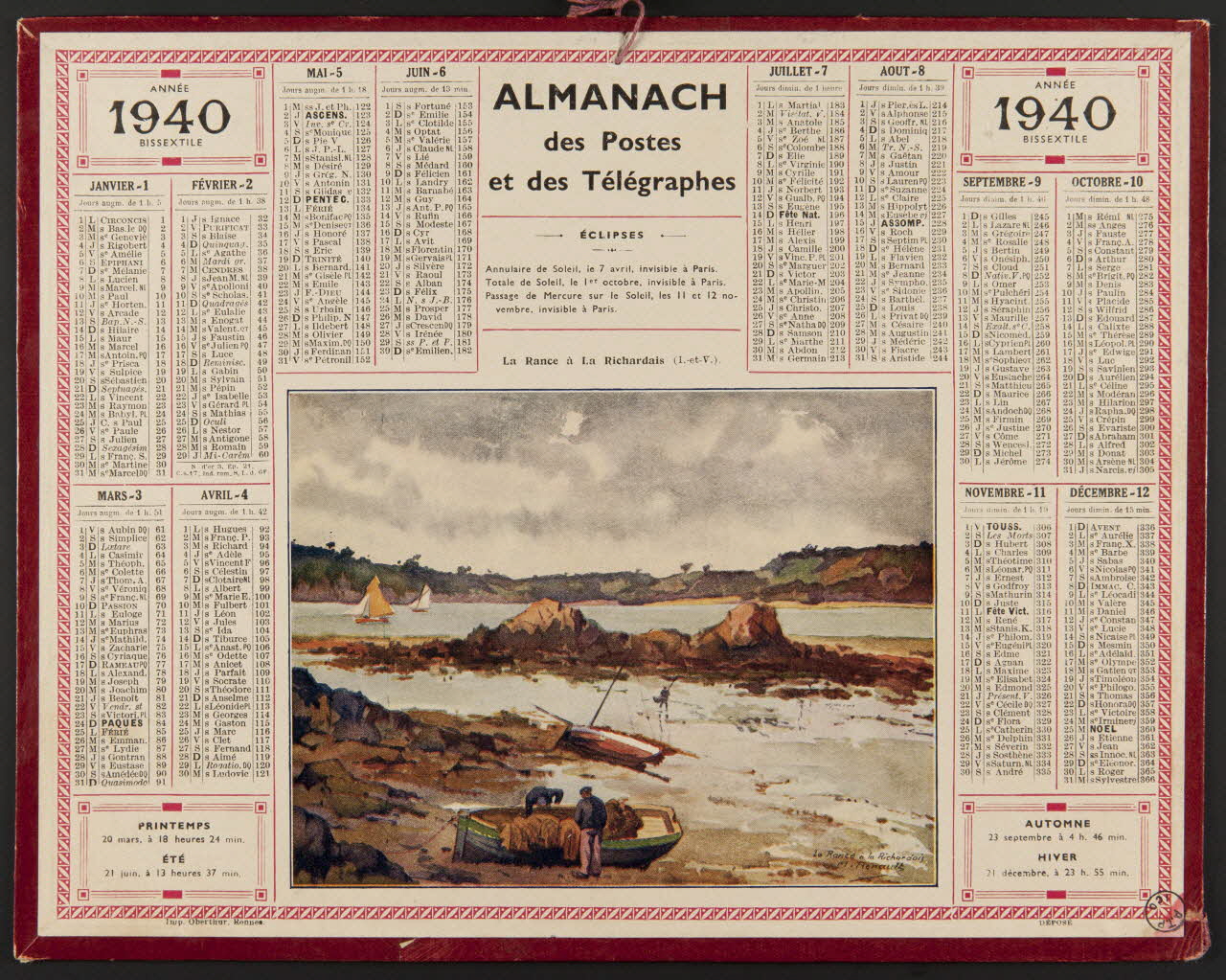 estampe ALMANACH  des Postes  et des Télégraphes  1940  ANNEE  BISSEXTILE 1976.31.24 Photo