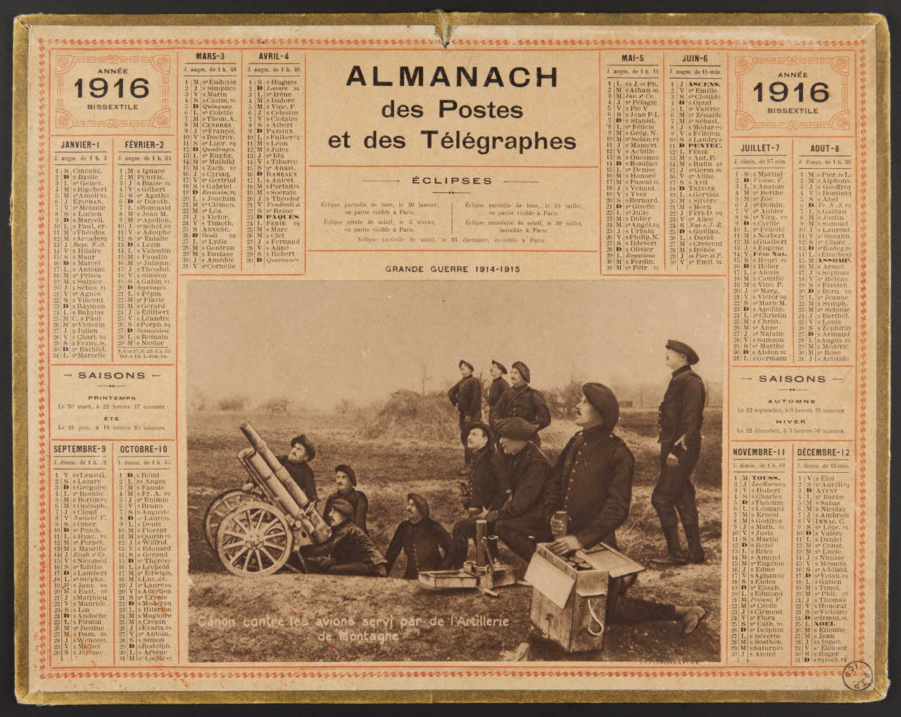 estampe ALMANACH  des Postes  et des Télégraphes  1916  ANNEE BISSEXTILE 1976.31.3 Photo