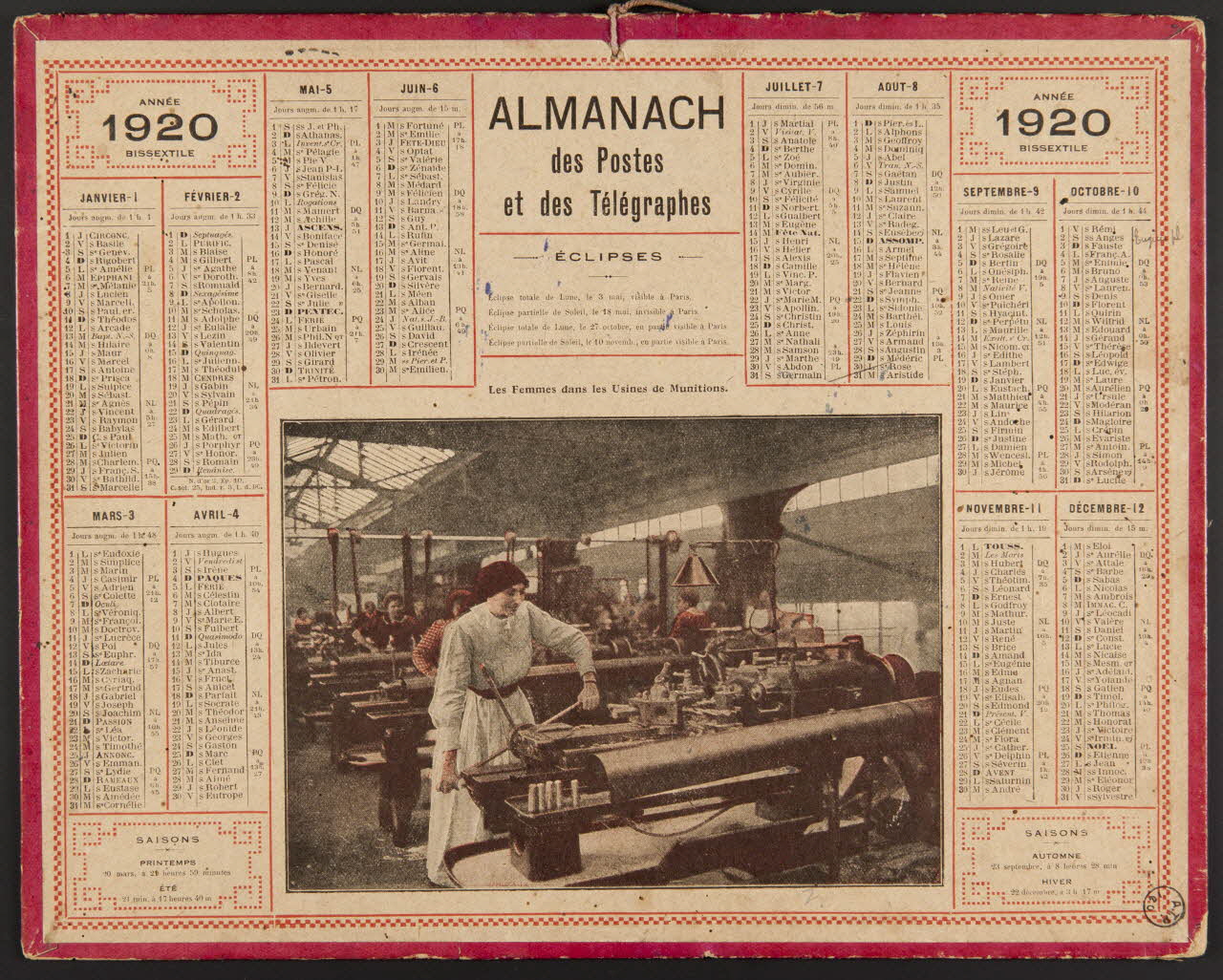 estampe ALMANACH  des Postes  et des Télégraphes  1920  ANNEE  BISSEXTILE 1976.31.8 Photo