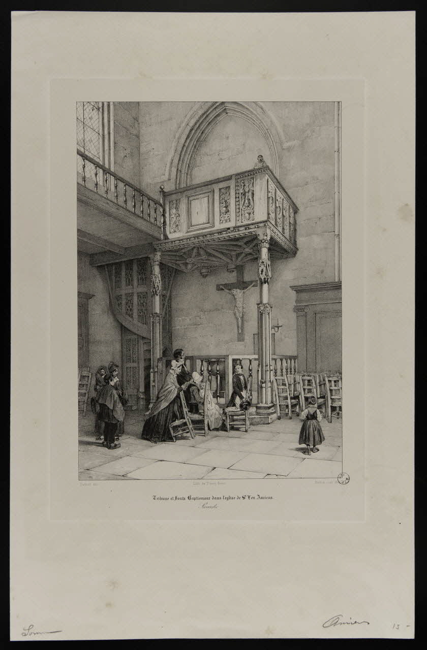 estampe Tribune et Fonts Baptismaux dans l'église de St Len. Amiens. 1976.41.21 Photo