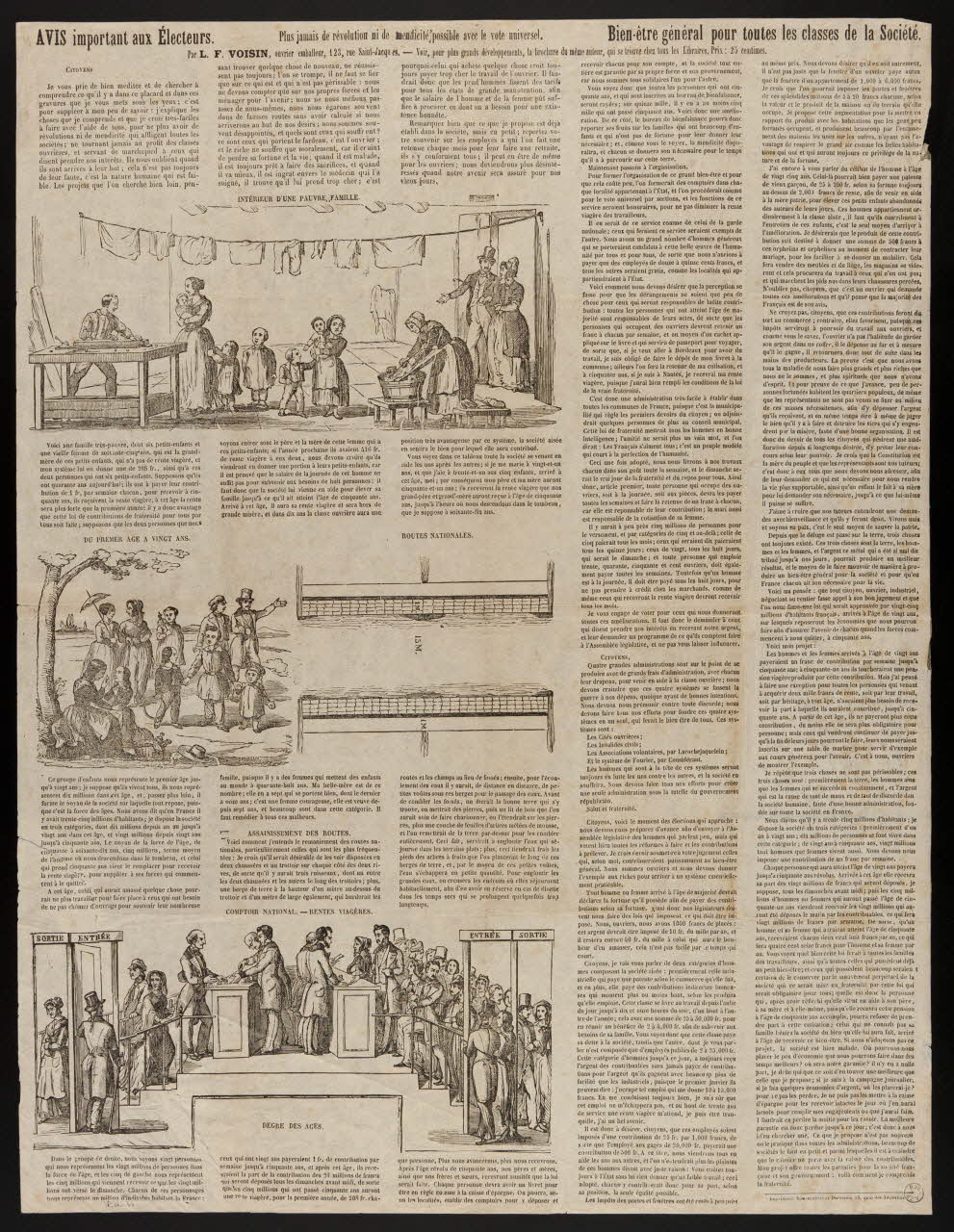estampe AVIS important aux Elécteurs.  Plus jamais de révolution ni de mendicité possible avec le vote universel.  Bien-être général pour toutes les classes de la Société. 1977.24.1 Photo
