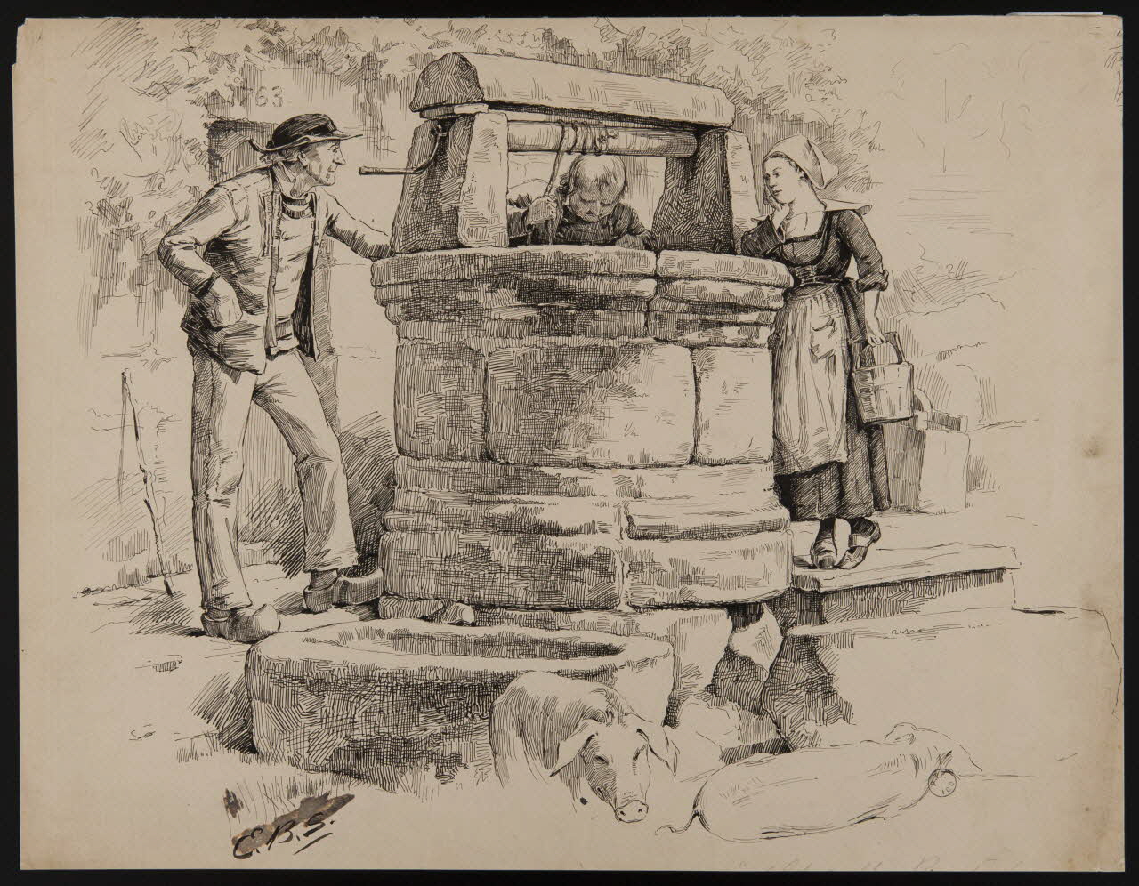 dessin Scène bretonne autour d'un puits 1977.4.21 Photo
