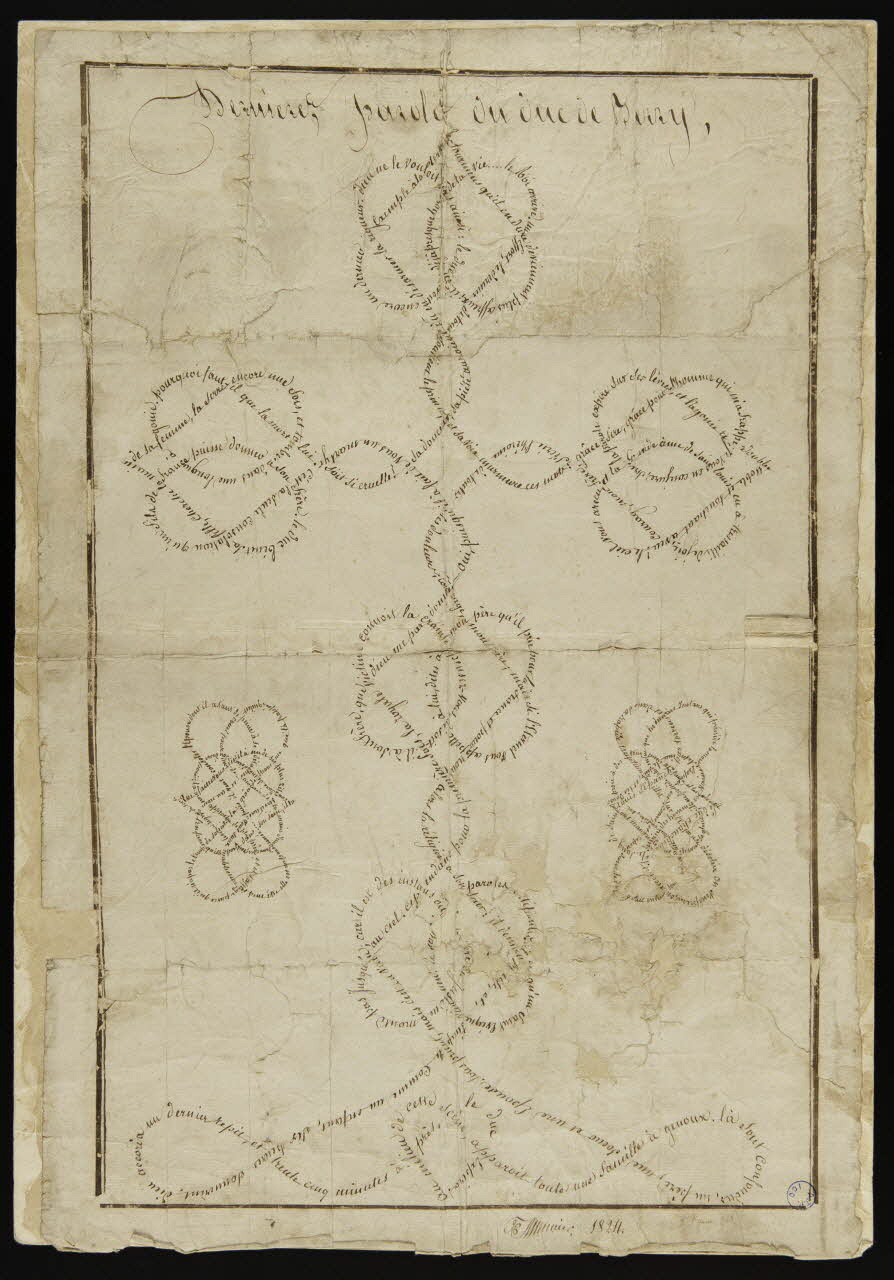 Meunier F. dessin Croix en calligraphie : dernières paroles du duc de Berry 1824 1977.59.1 Photo