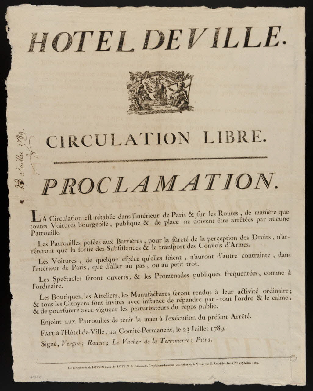 Huault P. ; Lottin imagerie ancienne HOTEL DE VILLE.  CIRCULATION LIBRE.  PROCLAMATION lle-de-France, France 1789 1977.68.51 Photo