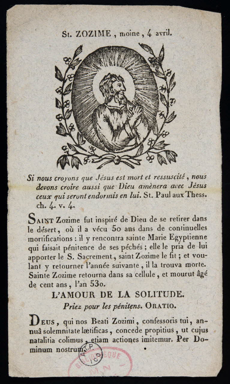 estampe St. ZOZIME, moine, 4 avril. 1978.10.24 Photo