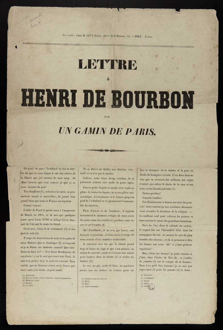 estampe LETTRE  à  HENRI DE BOURBON  par  UN GAMIN DE PARIS. 1978.102.2 Photo