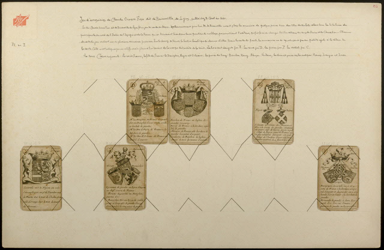 cartes à jouer Jeu d'armoiries de Claude Oronce Fine dit de Brianville de Lyon, publié chez B. Coral en 1660. 1978.40.15.1/6 Photo
