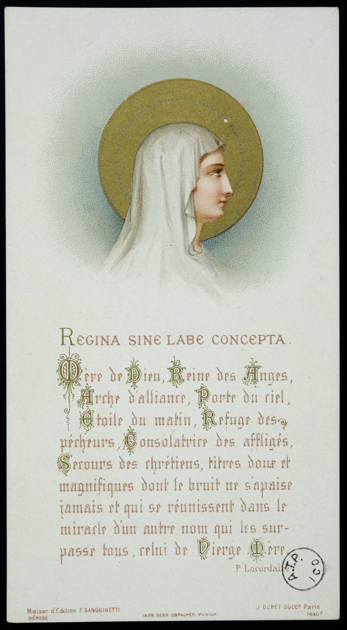 Sanguinetti, F. ; Gebrueder Obpacher estampe REGINA SINE LABE CONCEPTA. Munich 1892 1978.44.75 Photo