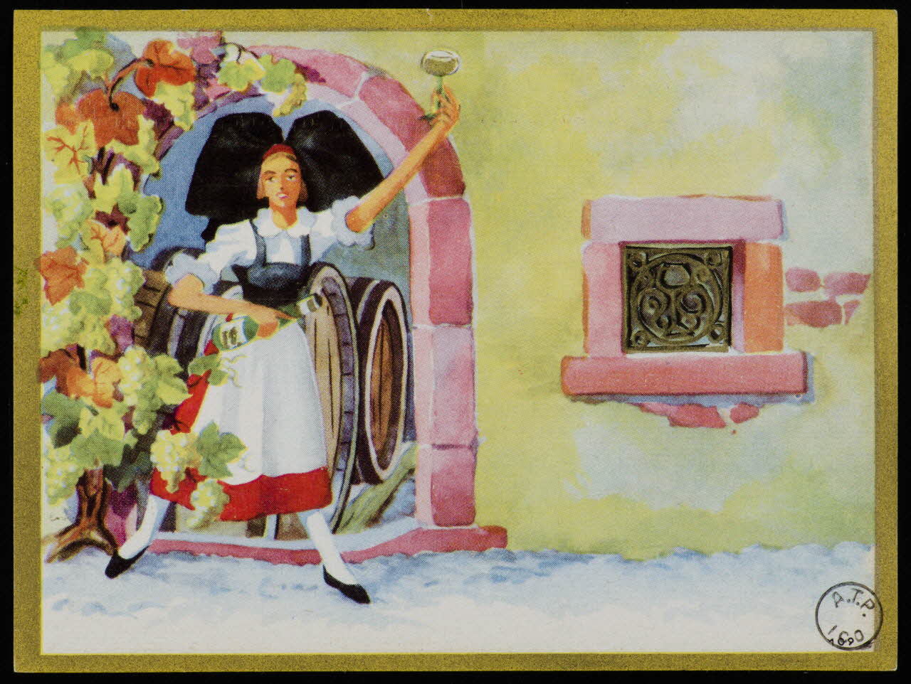estampe Alsacienne tenant un verre de vin 1972.58.64.1/2 Photo