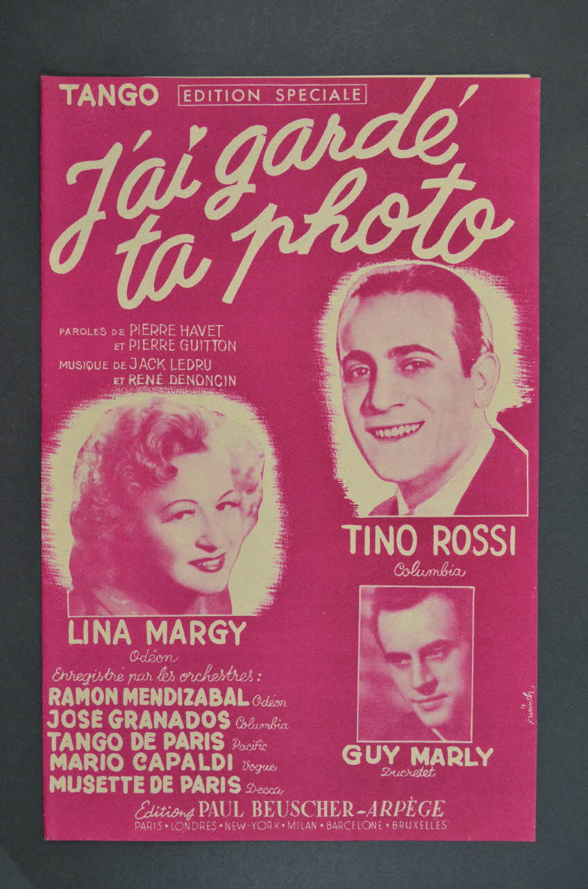 René Denoncin ; Jack Ledru ; Pierre Havet ; Pierre Guitton ; Tino Rossi ; Lina Margy ; Guy Marly ; Paul Beuscher, Editions chanson petit format 1952 1969.88.100 Photo Mucem