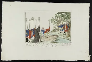 imagerie ancienne Mefsieurs Delaunay Flexelles Berthier Foulon et les deux Gardes du Corps qui ont été [...] a l'autre bord. France 1789 1980.72.7 Photo