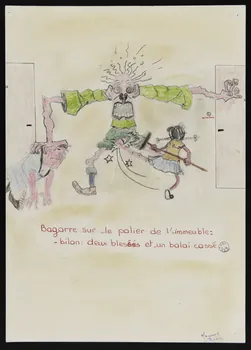 Marie Odile Mazenod dessin Bagarre sur le palier de l'immeuble 1980 1980.81.23 Photo