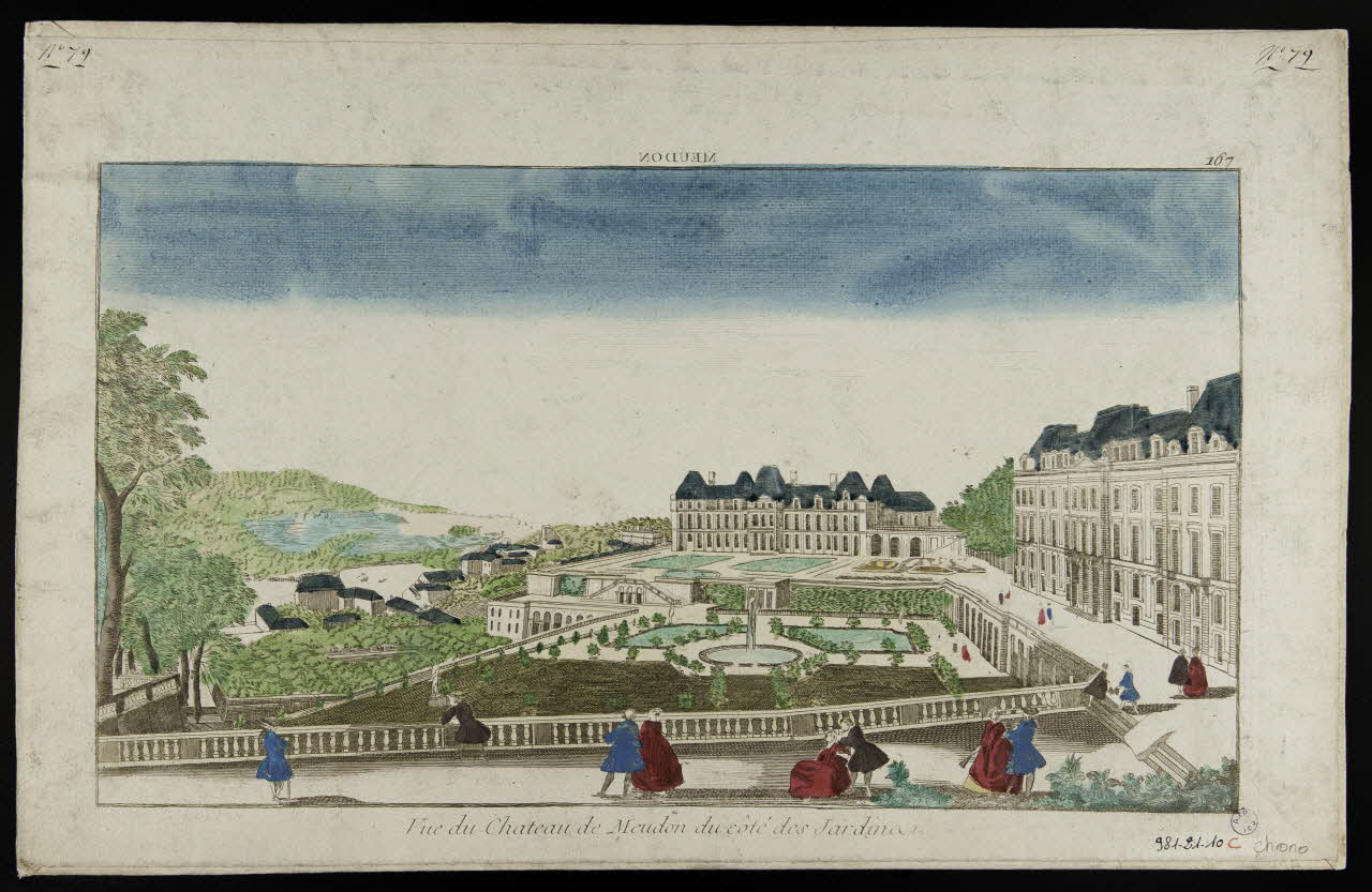 imagerie ancienne MEUDON (titre inscrit, en caractères inversés)  Vue du Chateau de Meudon du côté des Jardins. Paris 1730 1981.21.10 Photo