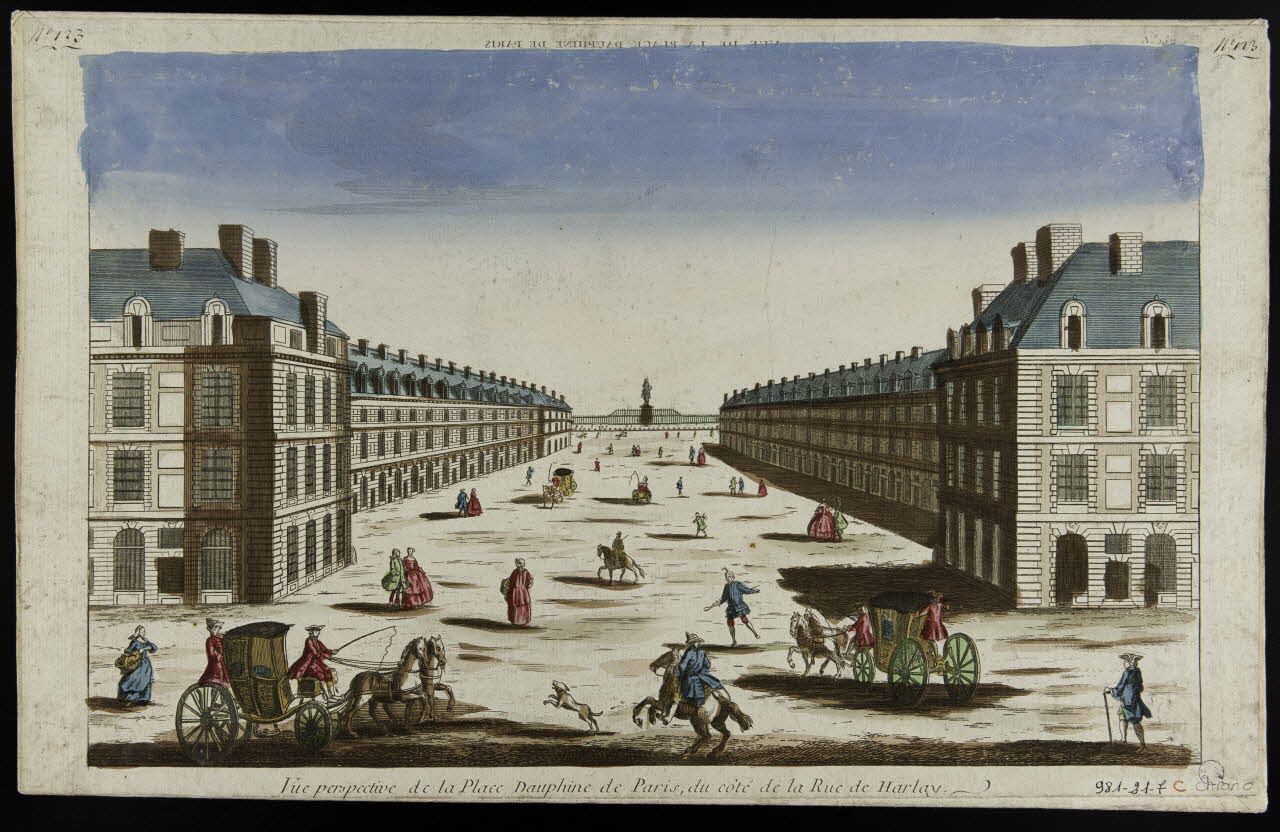 imagerie ancienne VUE DE LA PLACE DAUPHINE DE PARIS (titre inscrit, en caractères inversés)  Vue perspective de la Place Dauphine de Paris, du côté de la Rue de Harlay. Paris 1730 1981.21.7 Photo