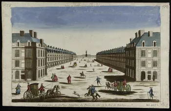 imagerie ancienne VUE DE LA PLACE DAUPHINE DE PARIS (titre inscrit, en caractères inversés)  Vue perspective de la Place Dauphine de Paris, du côté de la Rue de Harlay. Paris 1730 1981.21.7 Photo