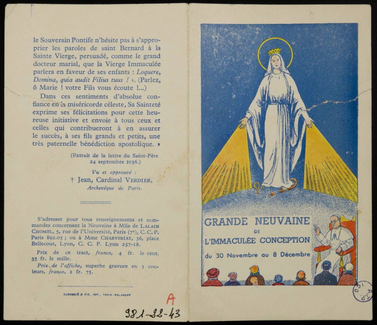 image pieuse GRANDE NEUVAINE  DE  L'IMMACULEE CONCEPTION 1981.22.43 Photo