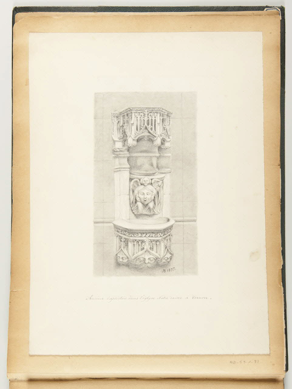 Beaunis Auguste partie d'un ensemble de dessins, album Ancien baptistère dans l'église Notre dame à Vernon. 1897 1981.53.1.31 Photo