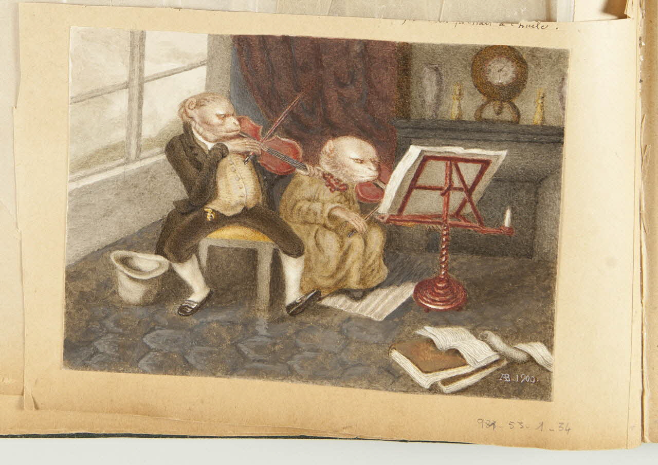 Beaunis Auguste partie d'un ensemble de dessins, album Deux singes violonistes 1900 1981.53.1.34 Photo