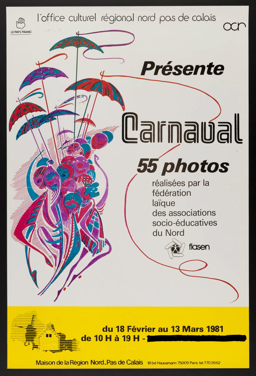 estampe l'office culturel régional nord pas de calais  Présente  Carnaval  55 photos  réalisées par la  fédération  laïque  des associations  socio-éducatives  du Nord  du 18 Février au 13 Mars 1981 1981.54.21 Photo