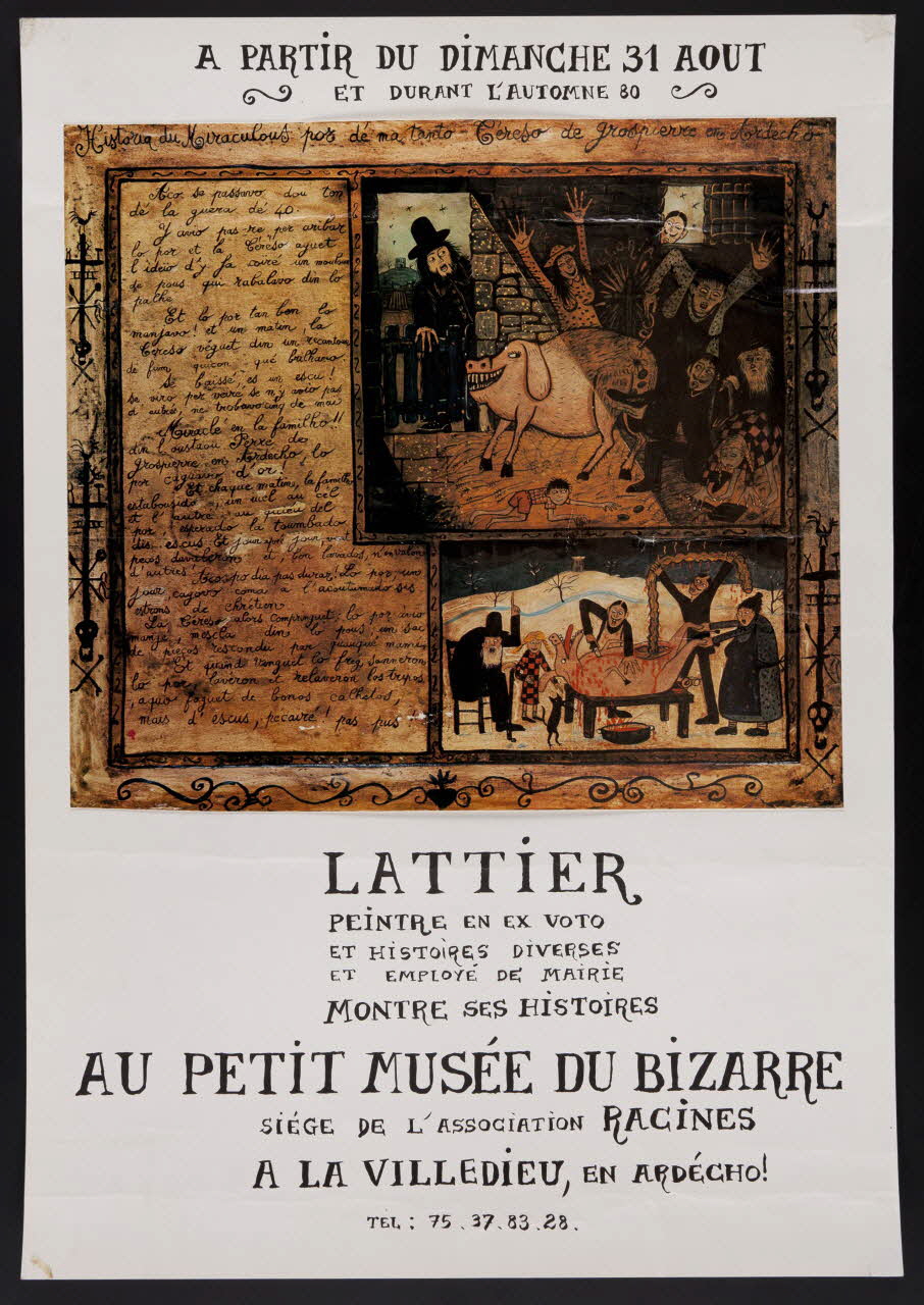 estampe LATTIER  PEINTRE EN EX VOTO  ET HISTOIRES DIVERSES  ET EMPLOYE DE MAIRIE  MONTRE SES HISTOIRES  AU PETIT MUSEE DU BIZARRE 1981.54.87 Photo