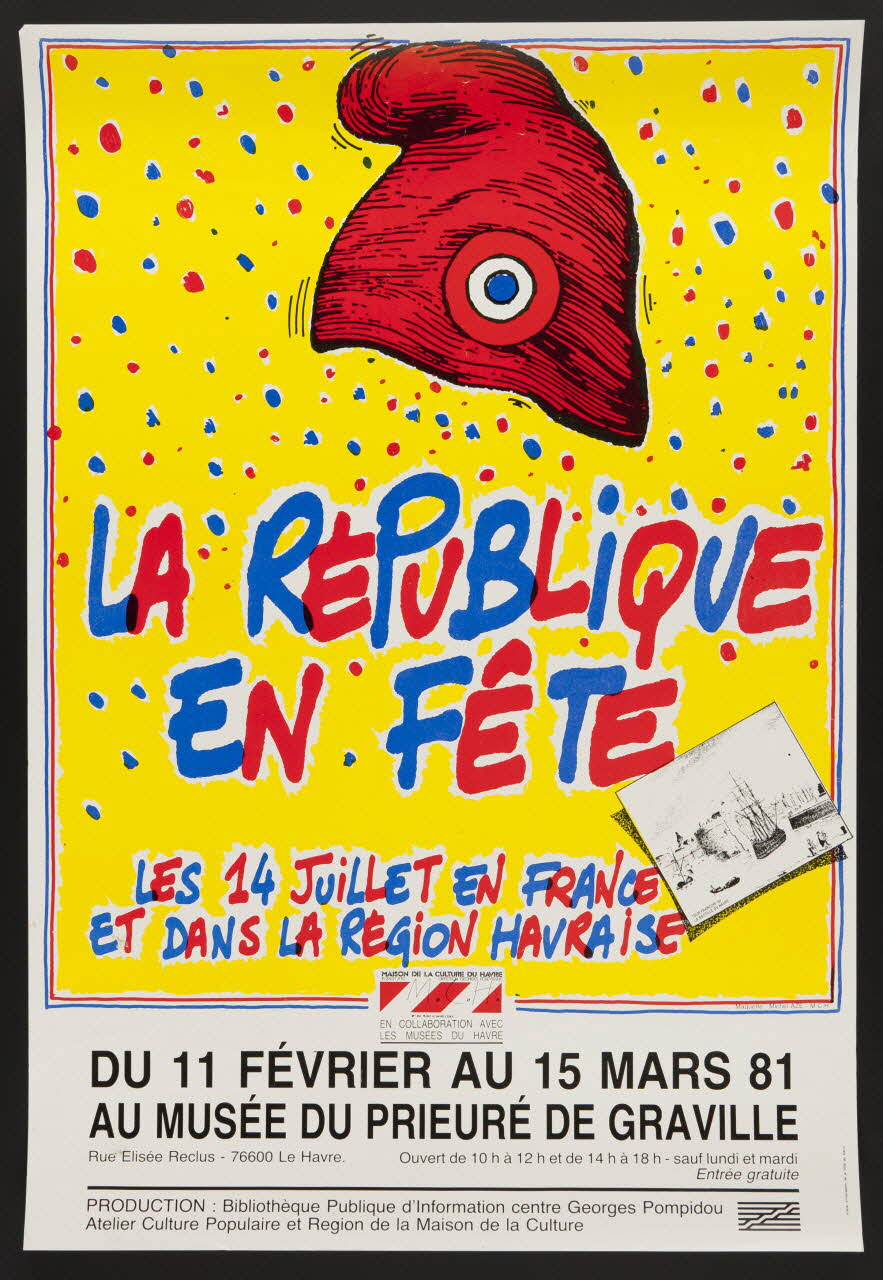 estampe LA REPUBLIQUE  EN FÊTE  LES 14 JUILLET EN FRANCE  ET DANS LA REGION HAVRAISE  DU 11 FEVRIER AU 15 MARS 81  AU MUSEE DU PRIEURE DE GRAVILLE 1981.54.9 Photo