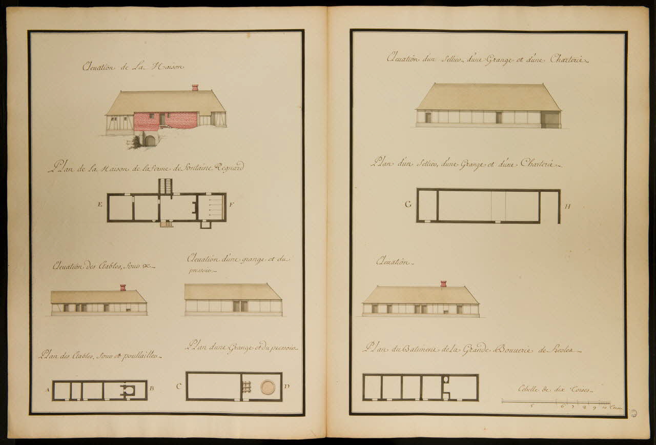 dessin Plans & Elevations des Batiments de la Ferme de Fontaine Renard  et de la grande Bouverie de Fresles. 1982.18.19 Photo