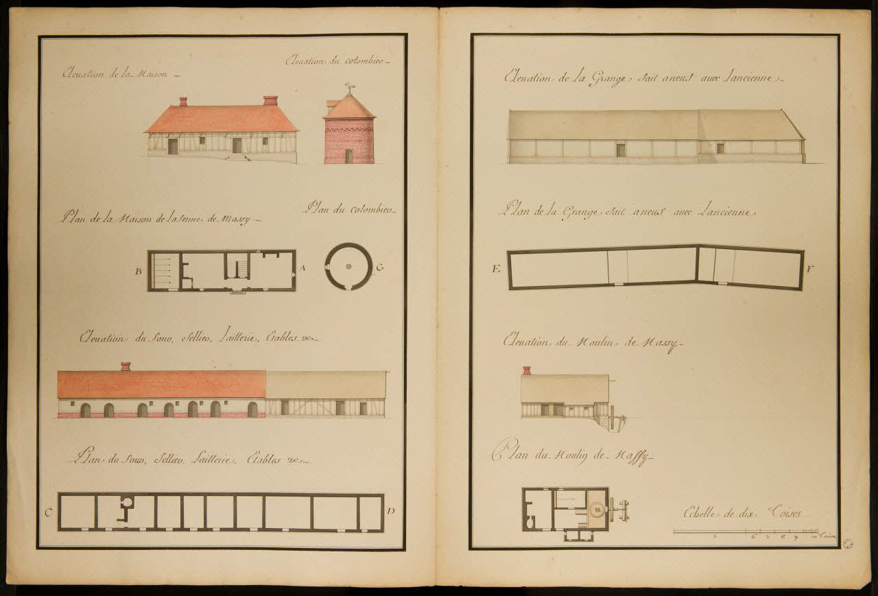 dessin Plans & Elevations des Batiments de la Ferme & Moulin de Massy. 1982.18.22 Photo