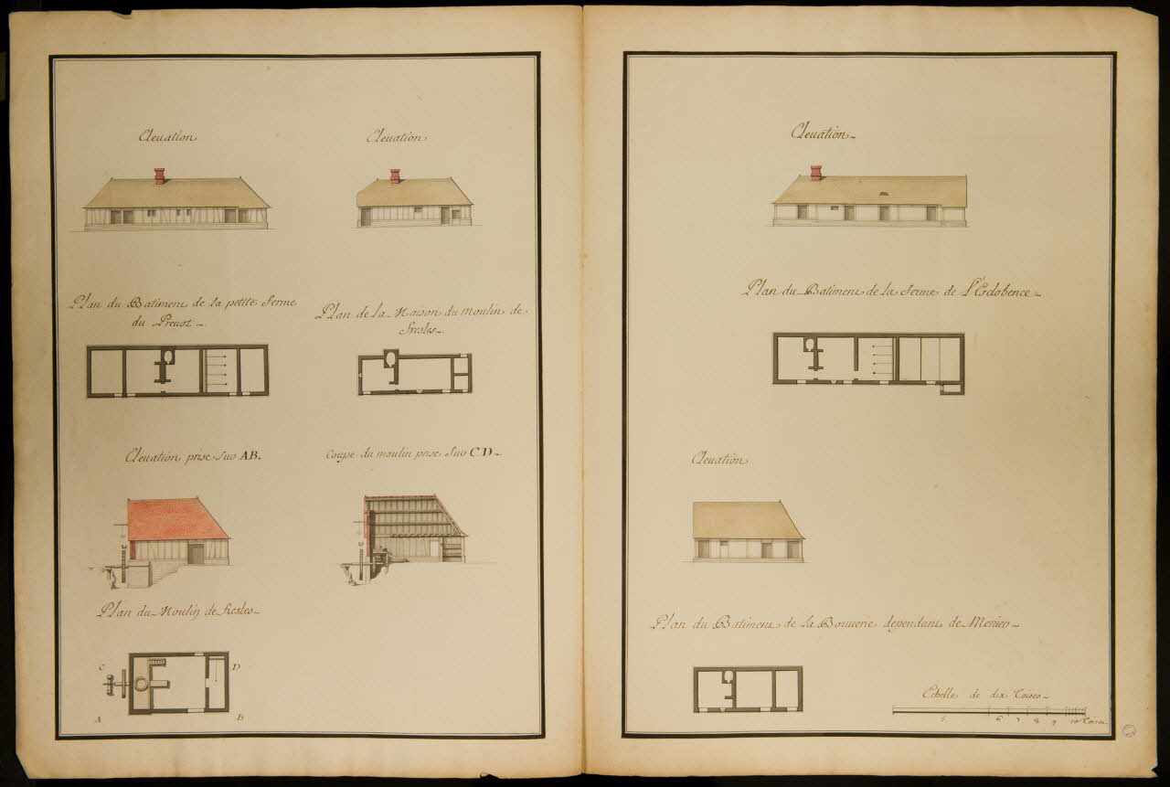 dessin Plans et Elevations des Batiments de la petite Ferme du Prevost, de la Maison  et Moulin de Fresles, de la Ferme de l'Esclobence, & de la Bouverie dépendante  de Méniere. 1982.18.25  Photo