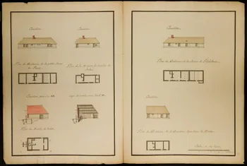 dessin Plans et Elevations des Batiments de la petite Ferme du Prevost, de la Maison  et Moulin de Fresles, de la Ferme de l'Esclobence, & de la Bouverie dépendante  de Méniere. 1982.18.25  Photo