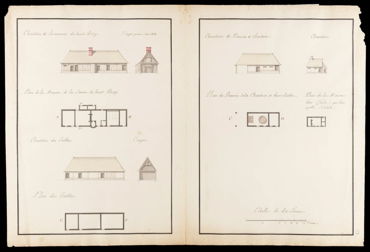 dessin Plan et Elévation des Bâtiments de la Ferme du Hautbray. 1982.18.8 Photo
