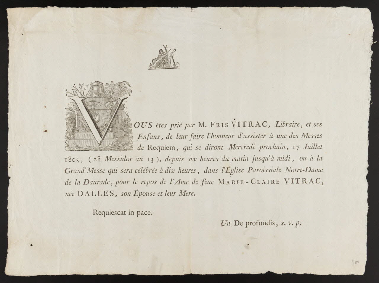 Besnard J. imagerie ancienne Faire part de la messe de requiem pour Marie Claire Vitrac 1805 1982.3.349 Photo