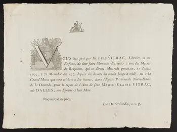 Besnard J. imagerie ancienne Faire part de la messe de requiem pour Marie Claire Vitrac 1805 1982.3.349 Photo